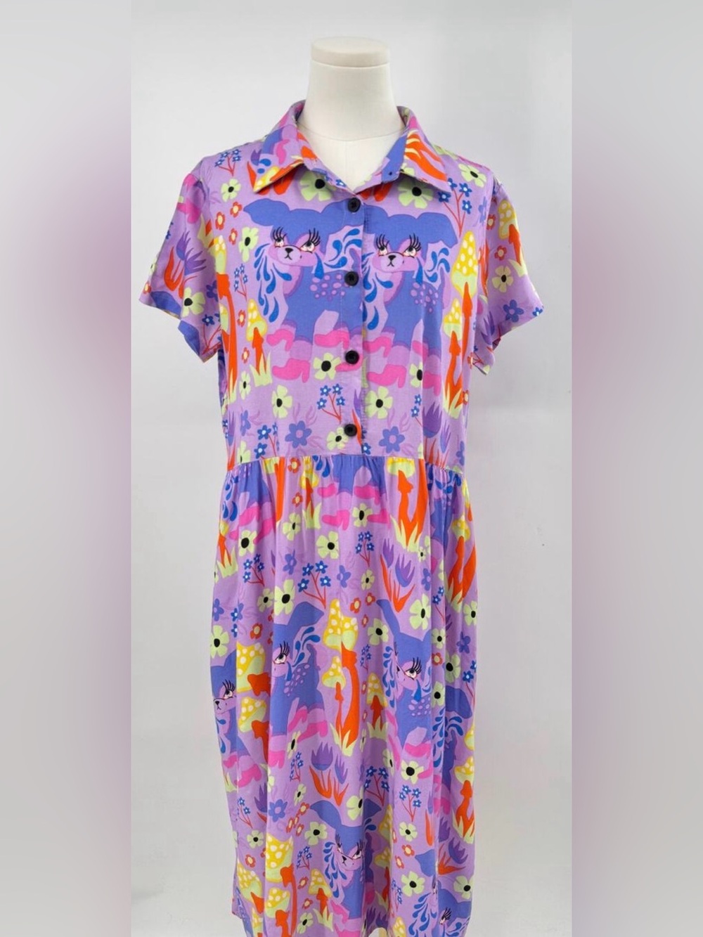 Nooworks Cassie Crybaby Dress Short Sleeve Midi Shirtdress Deer Print Whimsy L